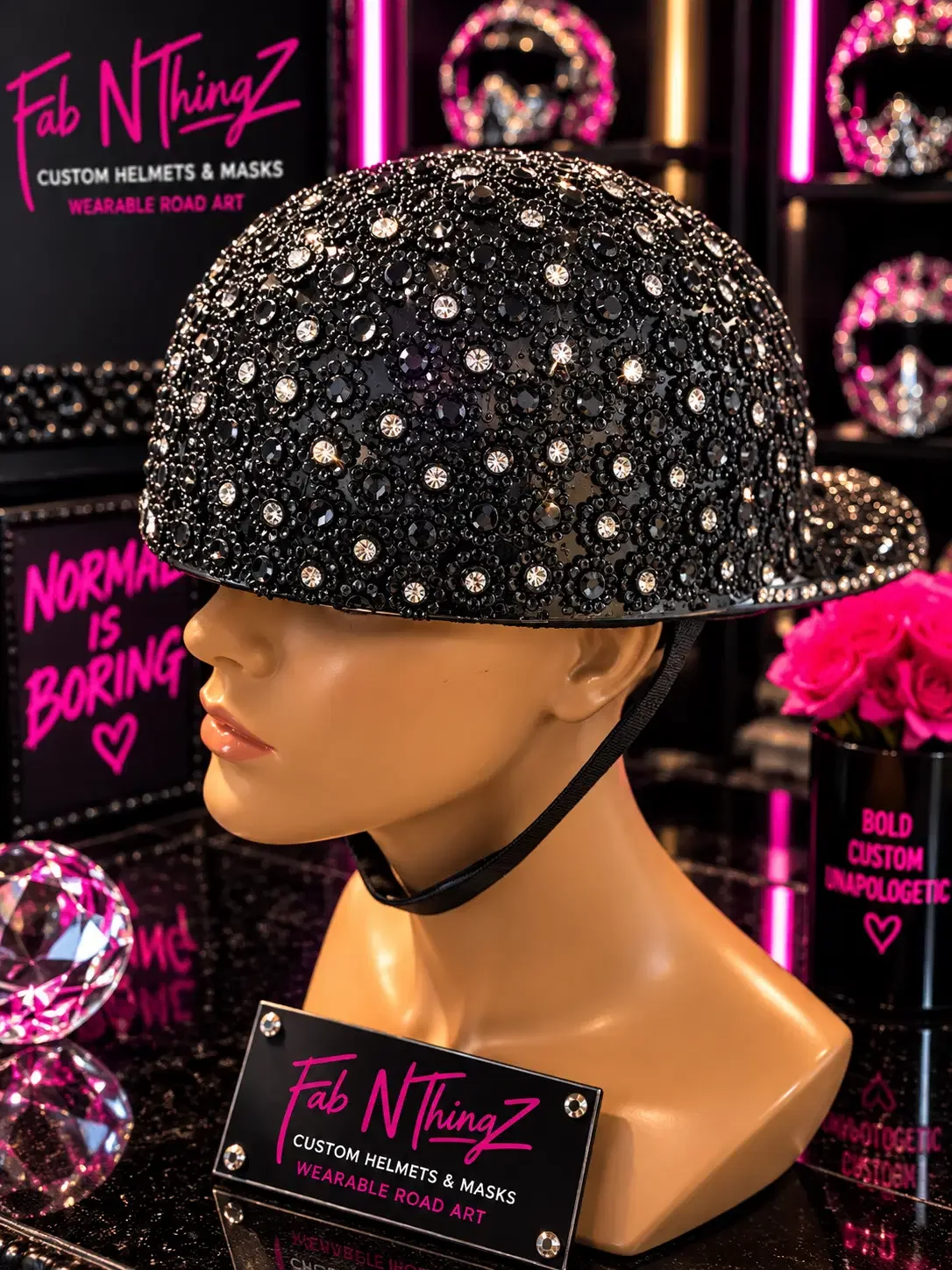 Side profile of a black ball cap helmet covered in black crystals and gold accents against a Fab N ThingZ studio backdrop