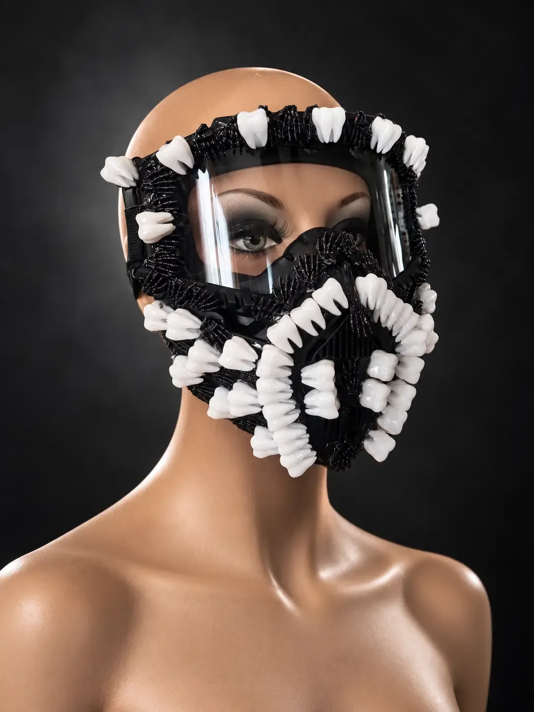 Three-quarter view of the black spike-armored mask with rows of white teeth and a clear visor on a mannequin