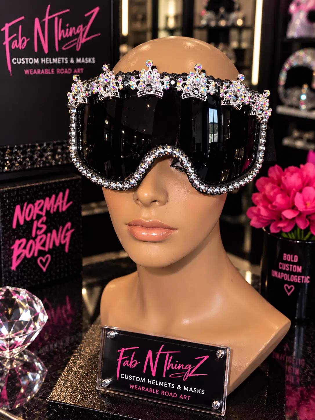 Oversized black-lens goggles crowned with crystal rhinestones and a scalloped tiara top