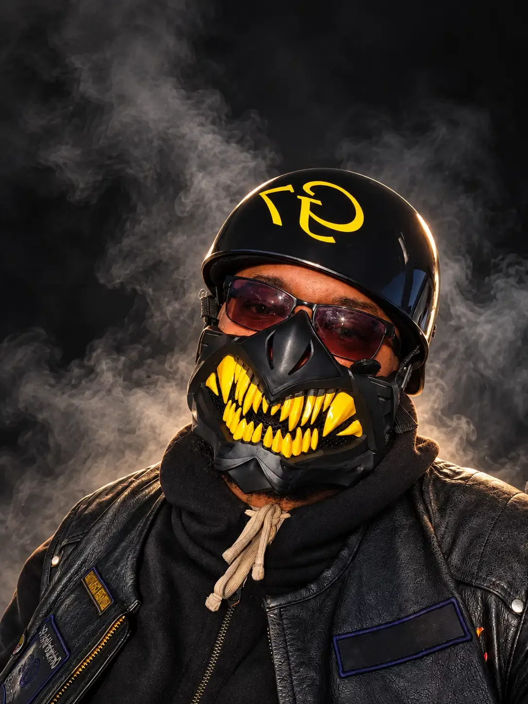 Customer wearing a black and yellow statement riding mask