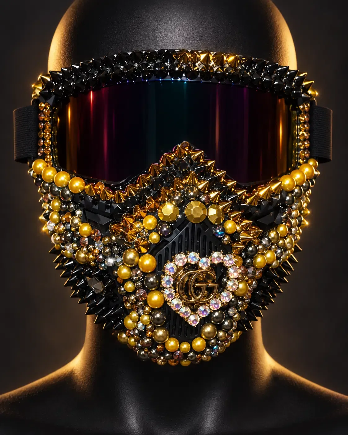 Front view of a black and gold specialty mask with a dark iridescent lens, layered metallic beads, crystal accents, and sharp spikes