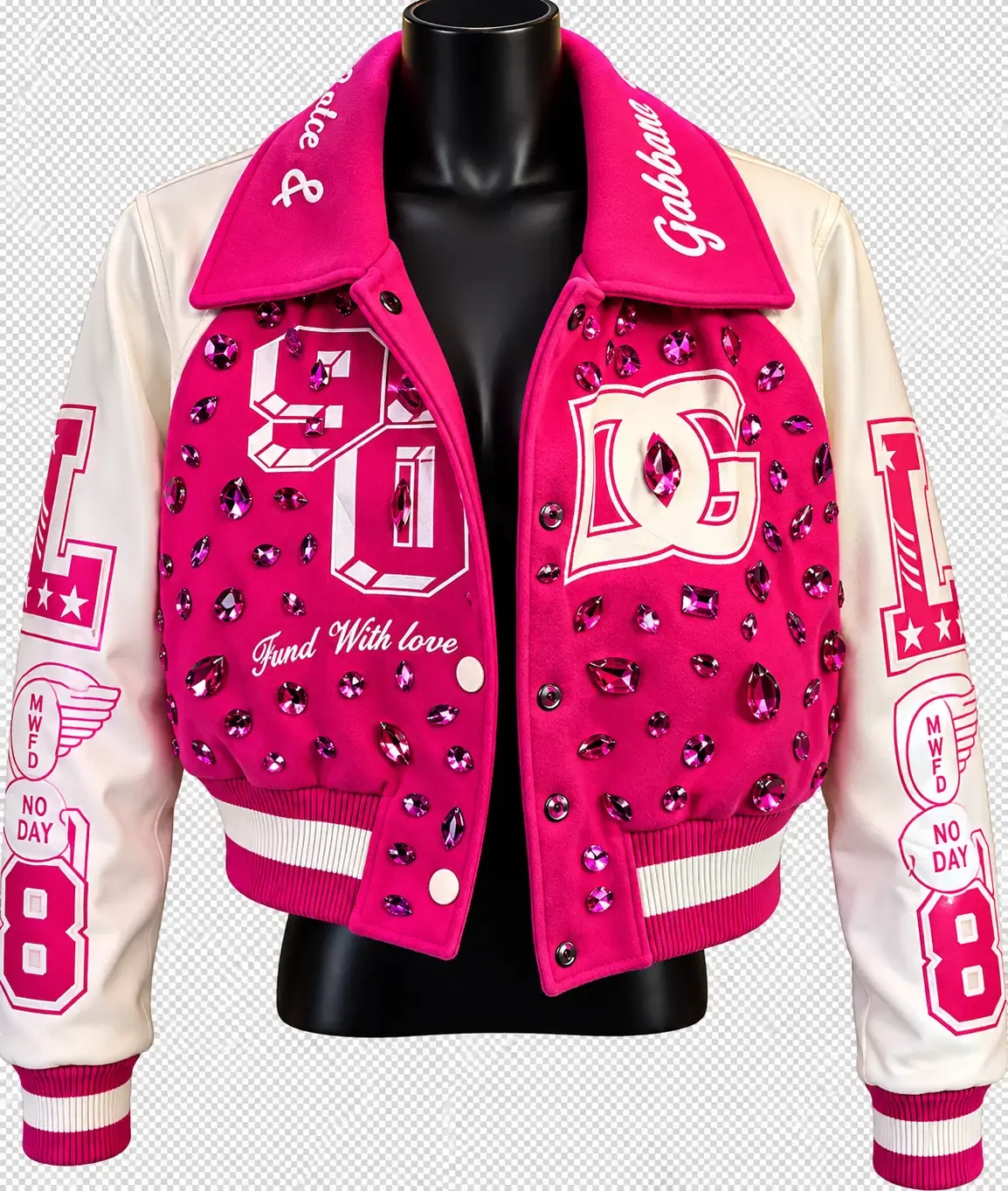 Hot-pink crystal-embellished varsity jacket with white sleeves and ribbed trim