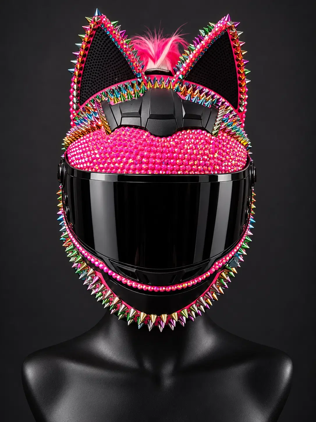 Front view of the Rainbow Cat Ear Spiked Mohawk Helmet with tall cat ears, rainbow spikes, and a black full-face visor on a mannequin bust
