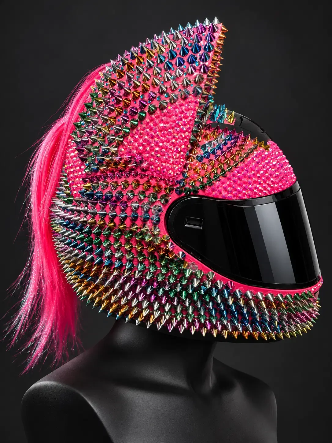 Side profile of the Rainbow Cat Ear Spiked Mohawk Helmet with a pink mohawk braid on a mannequin bust