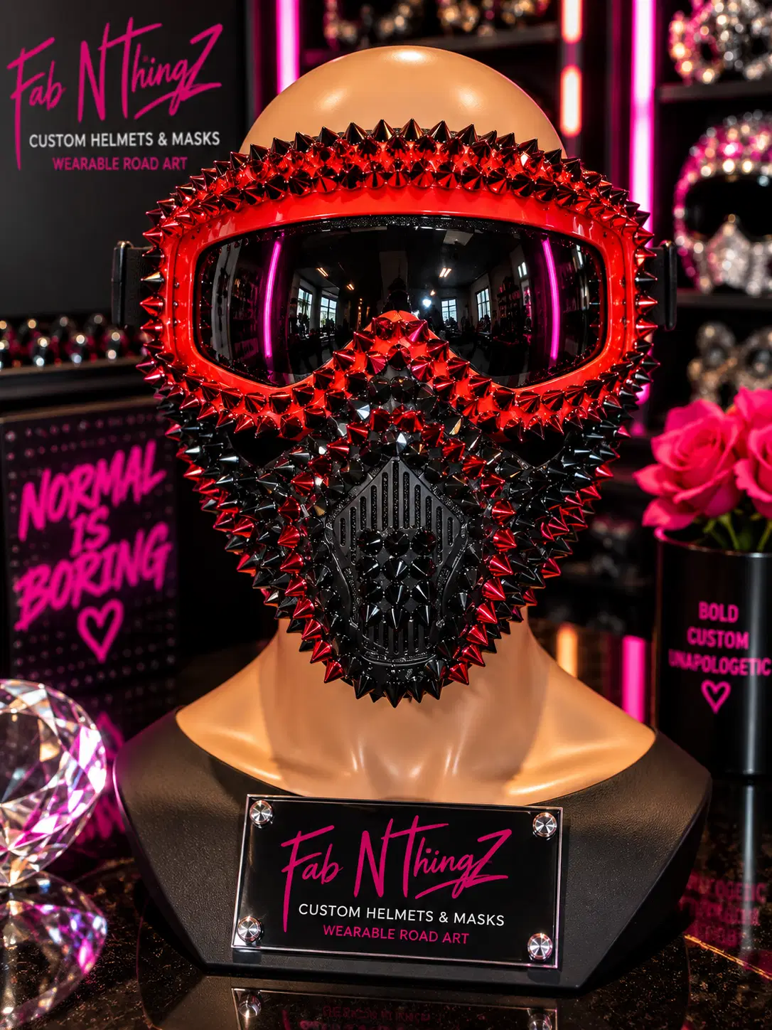 Red and black spiked mask with a dark visor on a mannequin in the Fab N ThingZ studio
