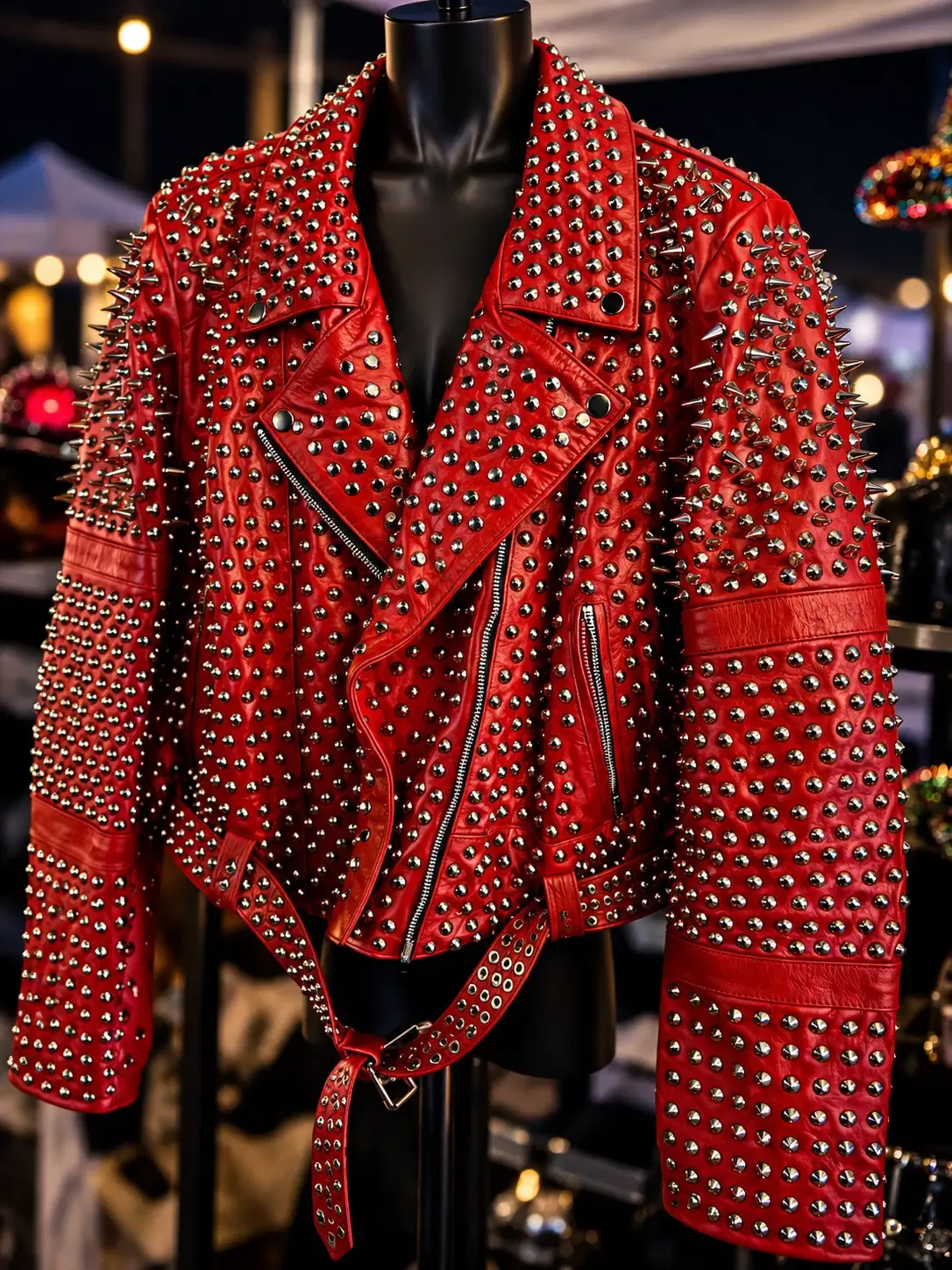 Cropped red leather jacket with metallic spikes and studs on a mannequin