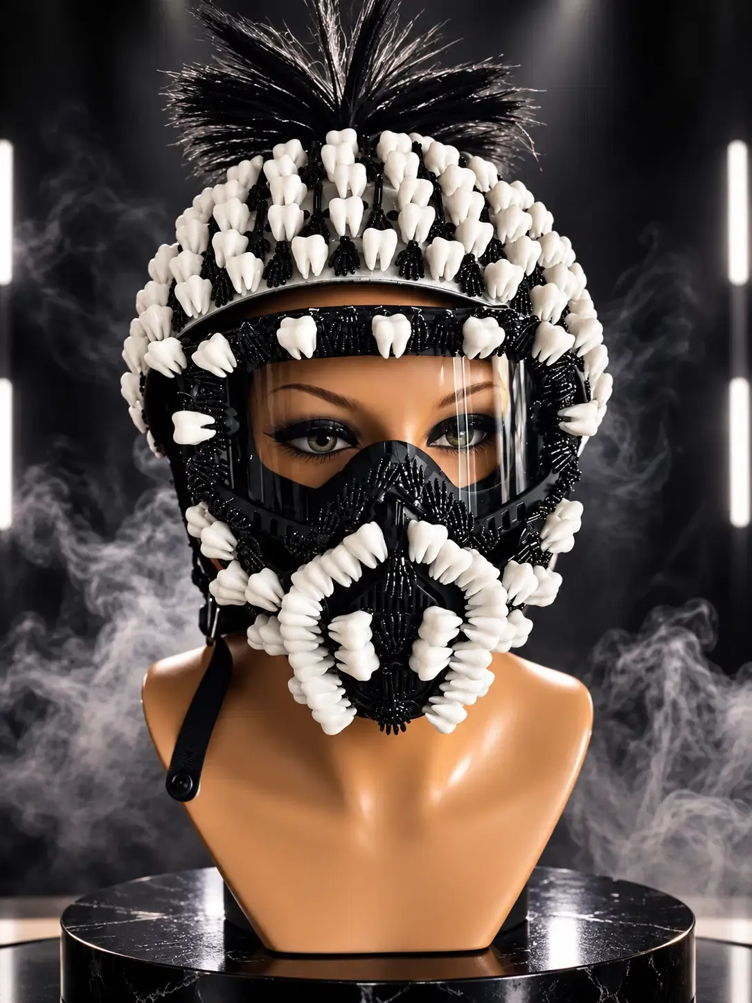 Front view of a black helmet covered in white teeth with black beaded trim, a clear visor, and a tall black feather mohawk on a mannequin bust